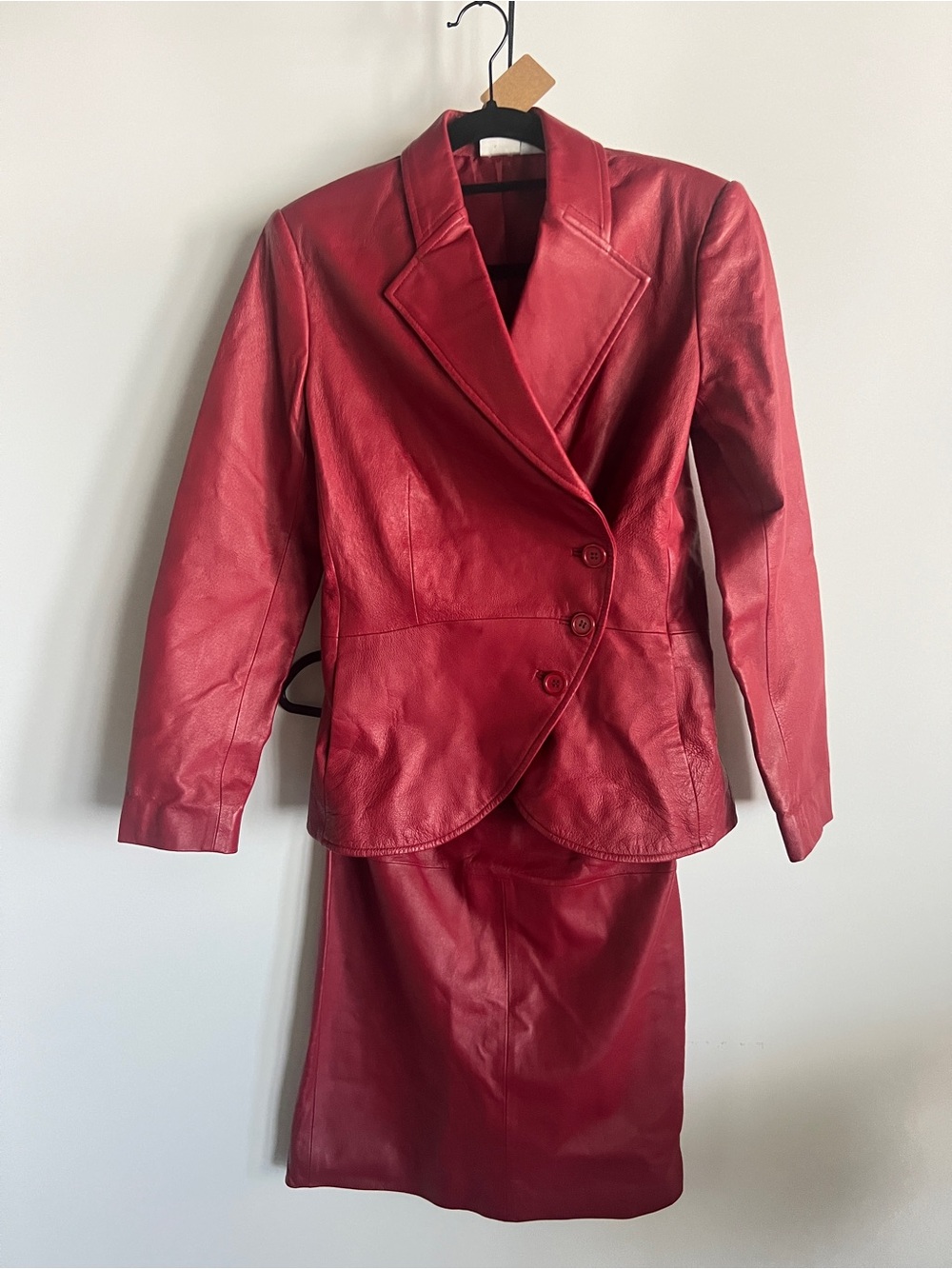 Vintage Newport News Red Leather Blazer and Skirt Set